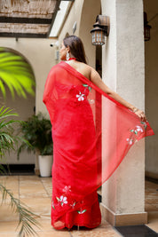 Scarlet Grace (Handpainted Pure Viscose Red Chiffon Saree with Mukaish work)