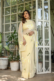 Buttercream Blossom (Handpainted Pure Chiffon Saree)