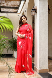 Scarlet Grace (Handpainted Pure Viscose Red Chiffon Saree with Mukaish work)