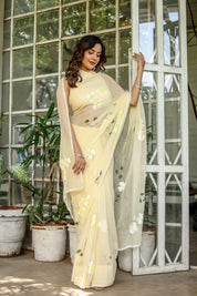 Buttercream Blossom (Handpainted Pure Chiffon Saree)