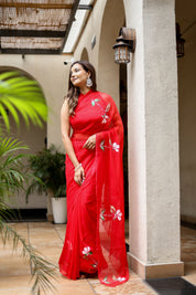 Scarlet Grace (Handpainted Pure Viscose Red Chiffon Saree with Mukaish work)