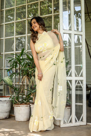 Buttercream Blossom (Handpainted Pure Chiffon Saree)