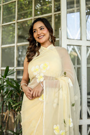 Buttercream Blossom (Handpainted Pure Chiffon Saree)