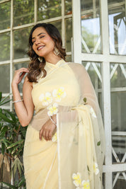 Buttercream Blossom (Handpainted Pure Chiffon Saree)
