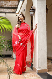 Scarlet Grace (Handpainted Pure Viscose Red Chiffon Saree with Mukaish work)