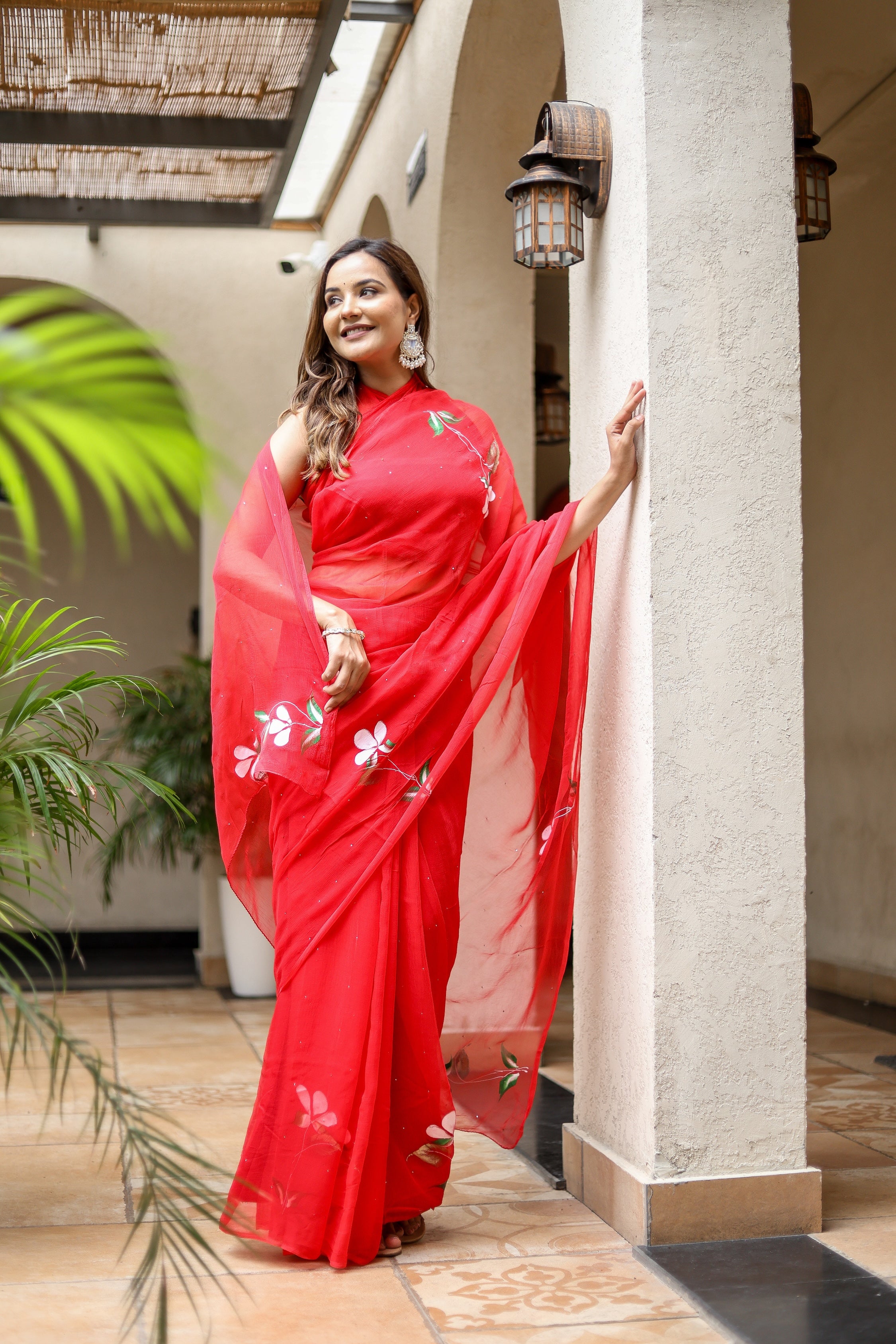 Scarlet Grace (Handpainted Pure Viscose Red Chiffon Saree with Mukaish work)