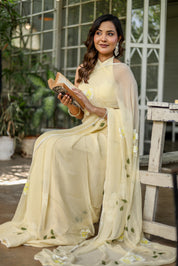 Buttercream Blossom (Handpainted Pure Chiffon Saree)