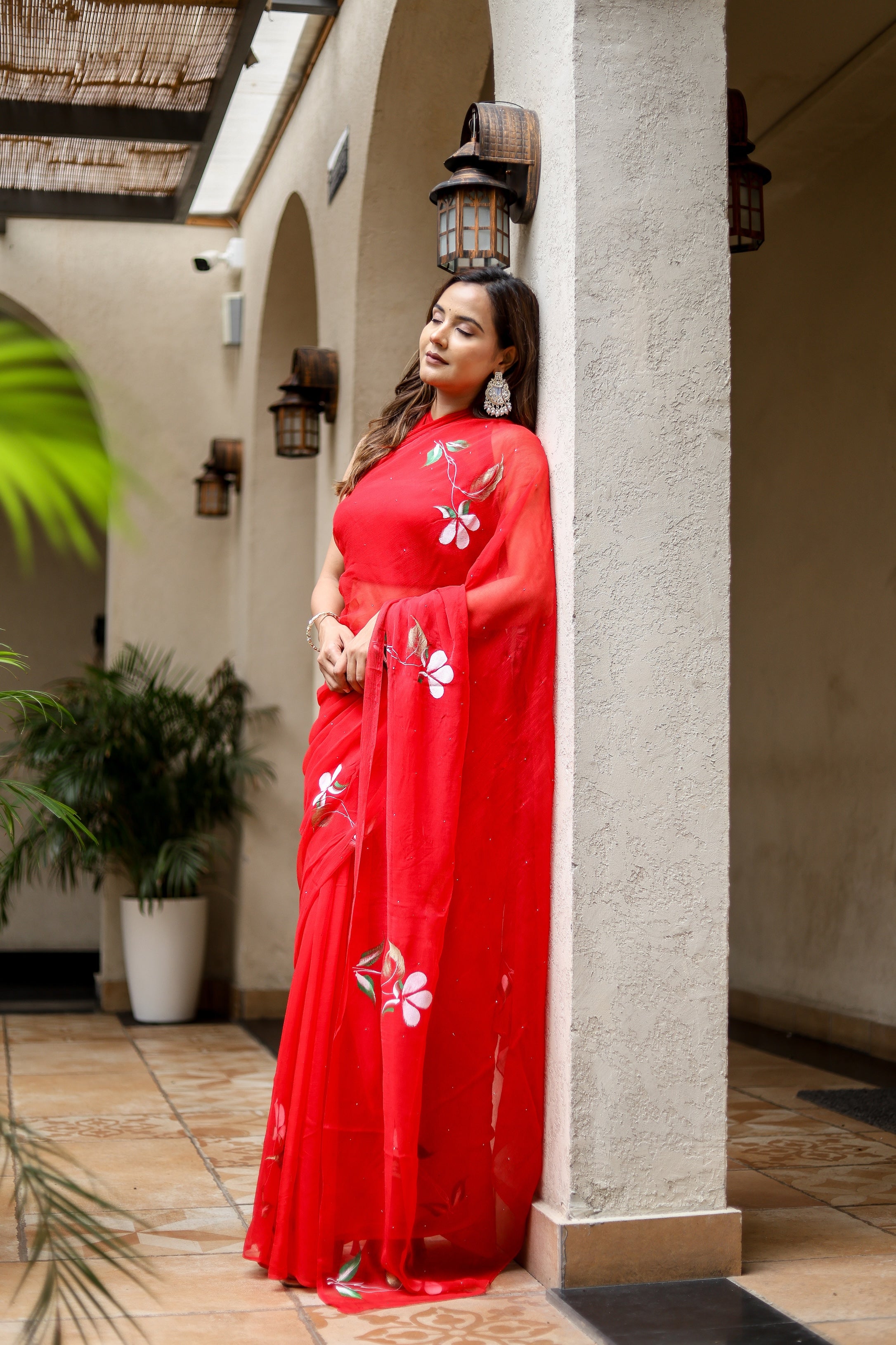 Scarlet Grace (Handpainted Pure Viscose Red Chiffon Saree with Mukaish work)