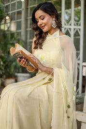 Buttercream Blossom (Handpainted Pure Chiffon Saree)