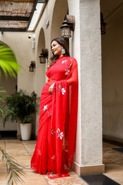 Scarlet Grace (Handpainted Pure Viscose Red Chiffon Saree with Mukaish work)