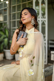 Buttercream Blossom (Handpainted Pure Chiffon Saree)