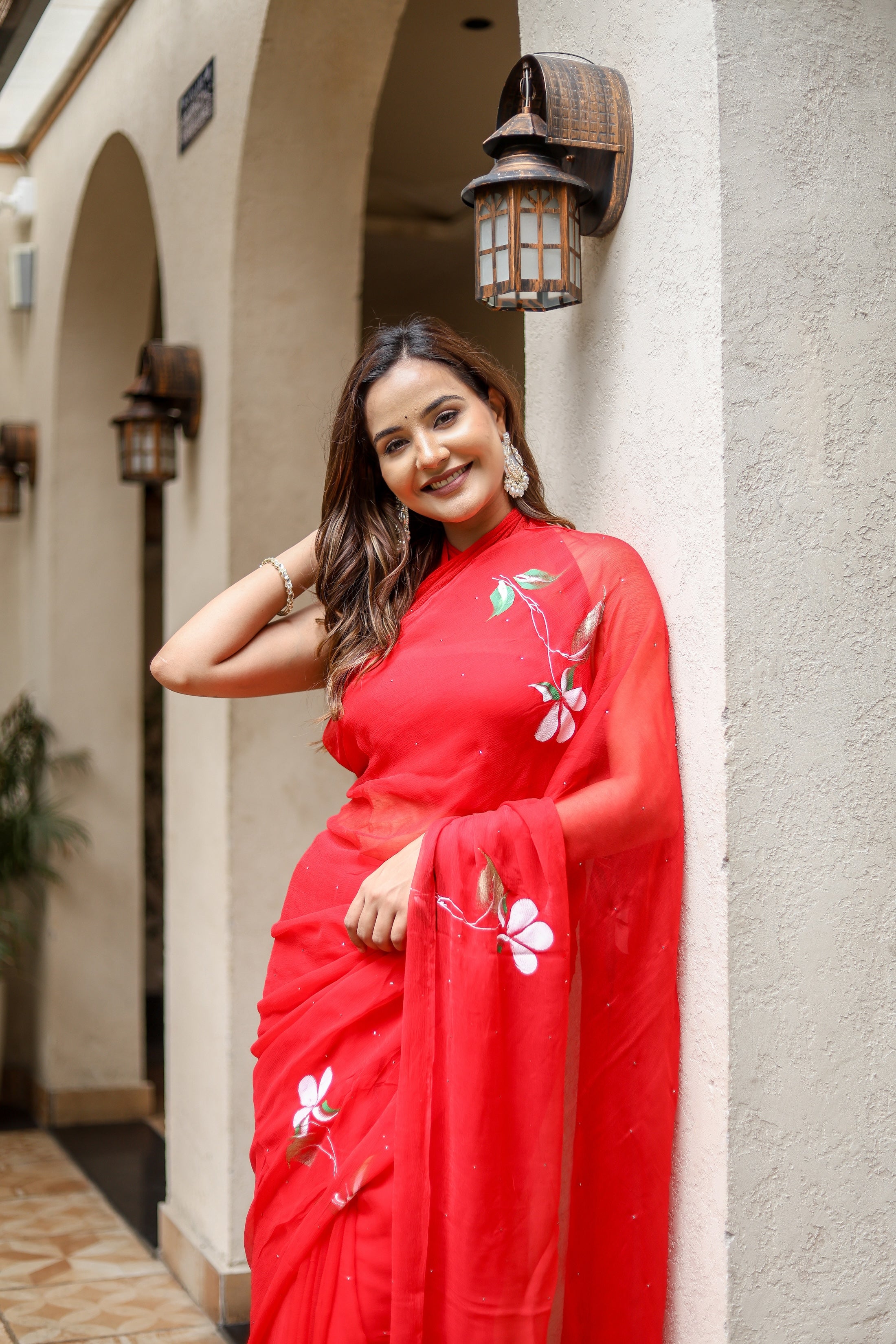 Scarlet Grace (Handpainted Pure Viscose Red Chiffon Saree with Mukaish work)