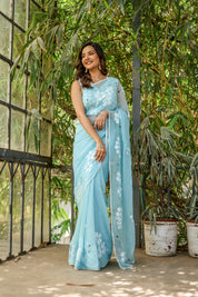 Blue Petal Muse (Handpainted Blue Chiffon Saree with Sequins Work)