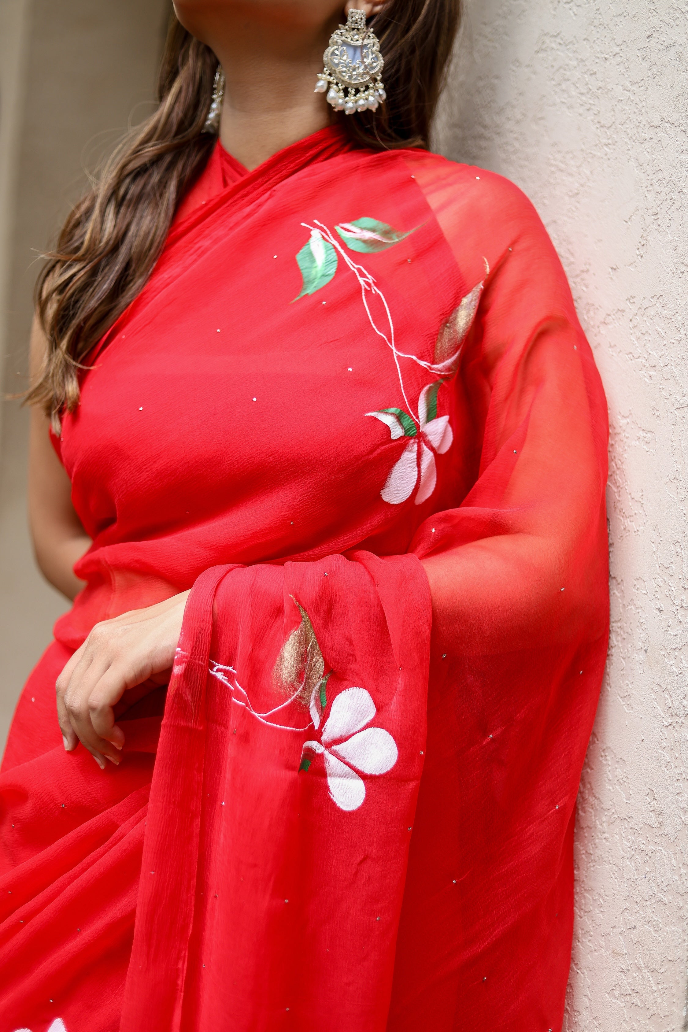 Scarlet Grace (Handpainted Pure Viscose Red Chiffon Saree with Mukaish work)
