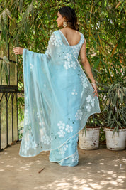 Blue Petal Muse (Handpainted Blue Chiffon Saree with Sequins Work)