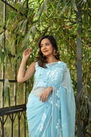 Blue Petal Muse (Handpainted Blue Chiffon Saree with Sequins Work)