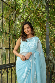 Blue Petal Muse (Handpainted Blue Chiffon Saree with Sequins Work)