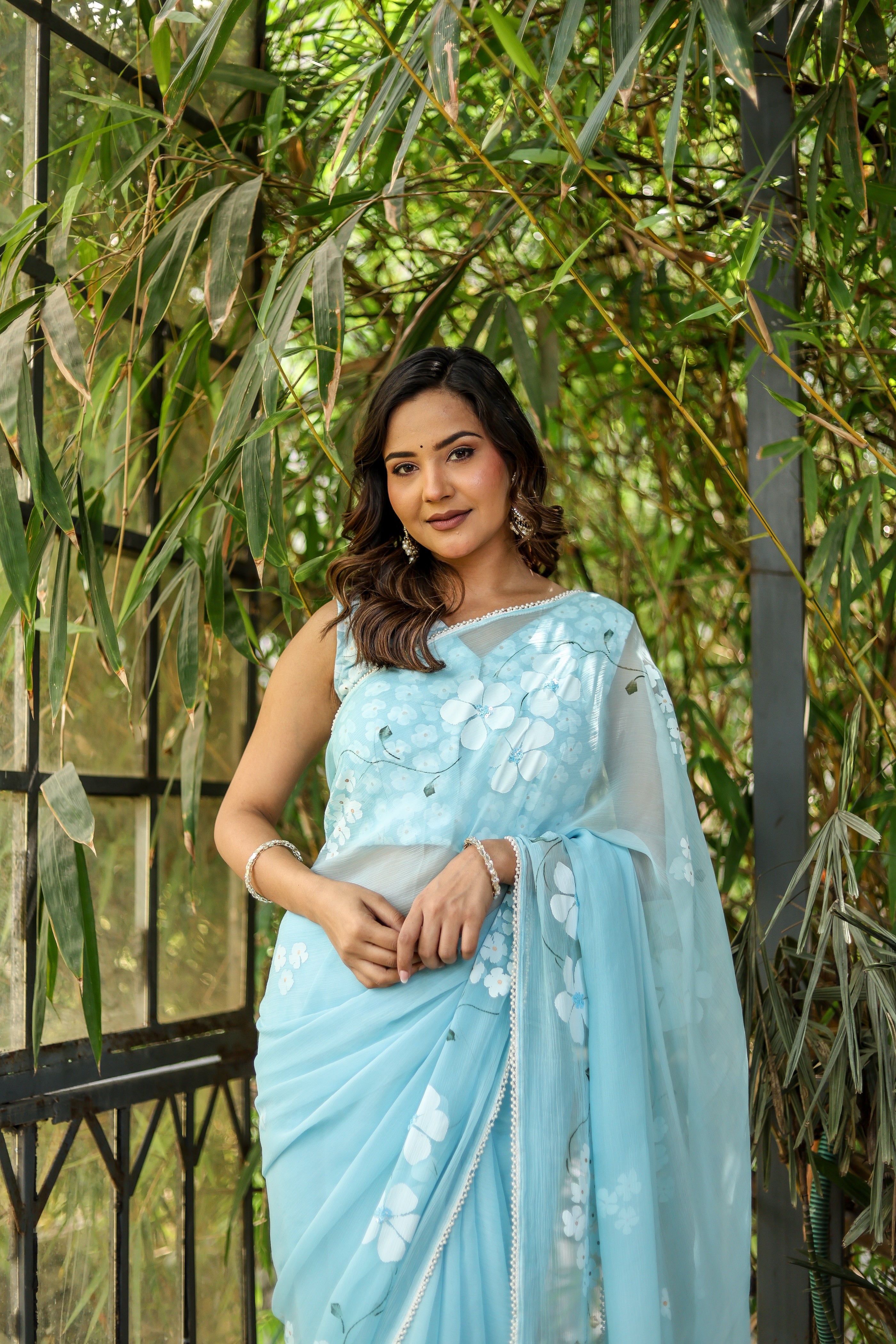 Blue Petal Muse (Handpainted Blue Chiffon Saree with Sequins Work)