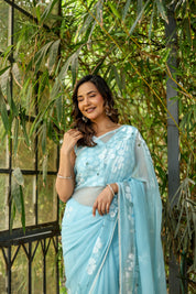 Blue Petal Muse (Handpainted Blue Chiffon Saree with Sequins Work)