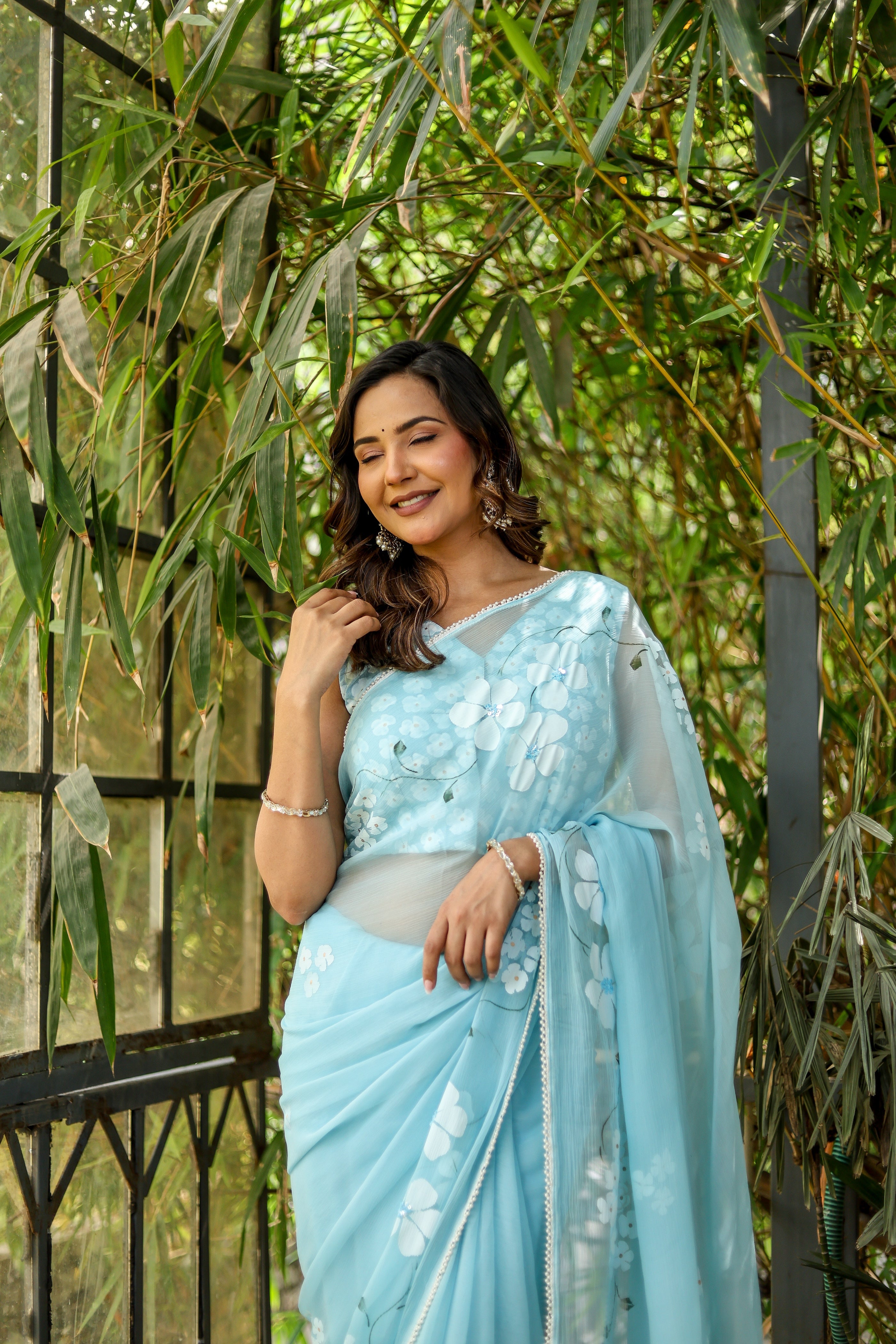 Blue Petal Muse (Handpainted Blue Chiffon Saree with Sequins Work)