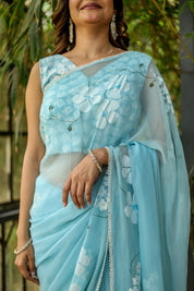 Blue Petal Muse (Handpainted Blue Chiffon Saree with Sequins Work)