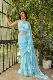 Blue Petal Muse (Handpainted Blue Chiffon Saree with Sequins Work)