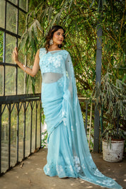 Blue Petal Muse (Handpainted Blue Chiffon Saree with Sequins Work)