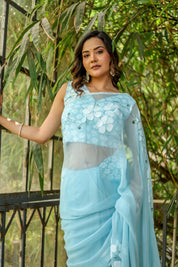 Blue Petal Muse (Handpainted Blue Chiffon Saree with Sequins Work)