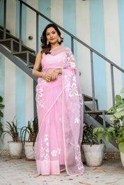 Petaline Glow (Handpainted Pure Organza Saree in Pink)