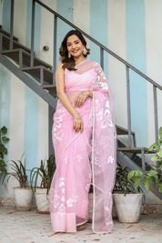 Petaline Glow (Handpainted Pure Organza Saree in Pink)