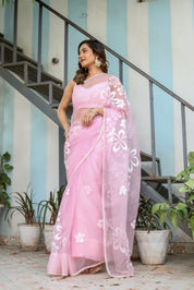 Petaline Glow (Handpainted Pure Organza Saree in Pink)