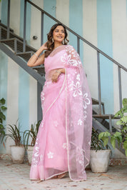 Petaline Glow (Handpainted Pure Organza Saree in Pink)
