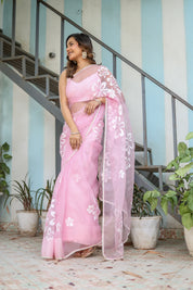 Petaline Glow (Handpainted Pure Organza Saree in Pink)