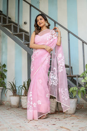 Petaline Glow (Handpainted Pure Organza Saree in Pink)