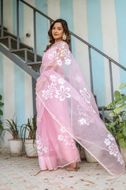 Petaline Glow (Handpainted Pure Organza Saree in Pink)