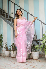 Petaline Glow (Handpainted Pure Organza Saree in Pink)