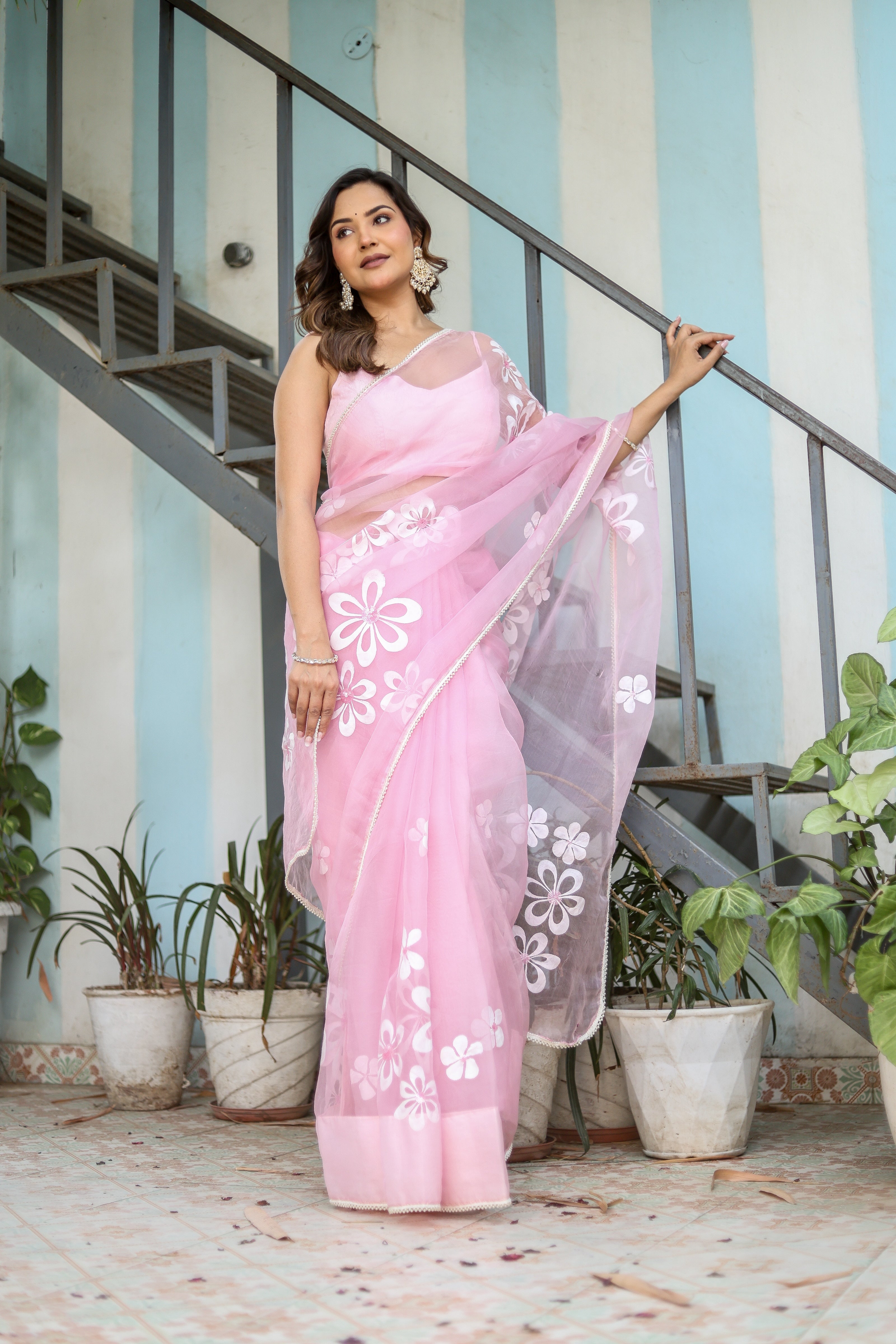 Petaline Glow (Handpainted Pure Organza Saree in Pink)