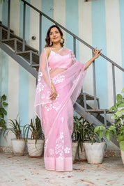 Petaline Glow (Handpainted Pure Organza Saree in Pink)