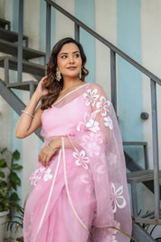Petaline Glow (Handpainted Pure Organza Saree in Pink)