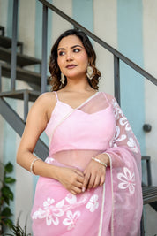 Petaline Glow (Handpainted Pure Organza Saree in Pink)