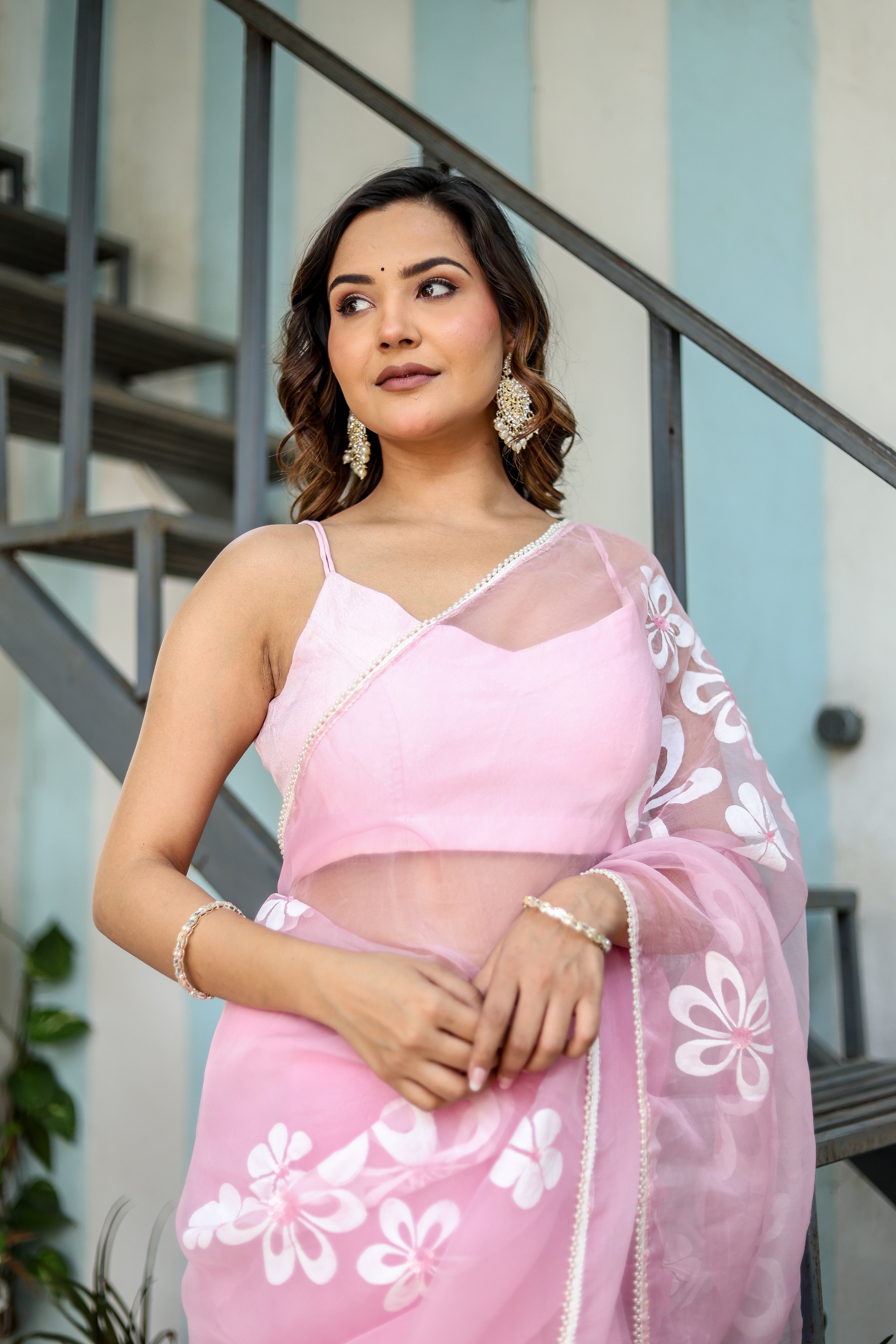 Petaline Glow (Handpainted Pure Organza Saree in Pink)