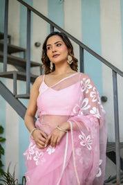 Petaline Glow (Handpainted Pure Organza Saree in Pink)