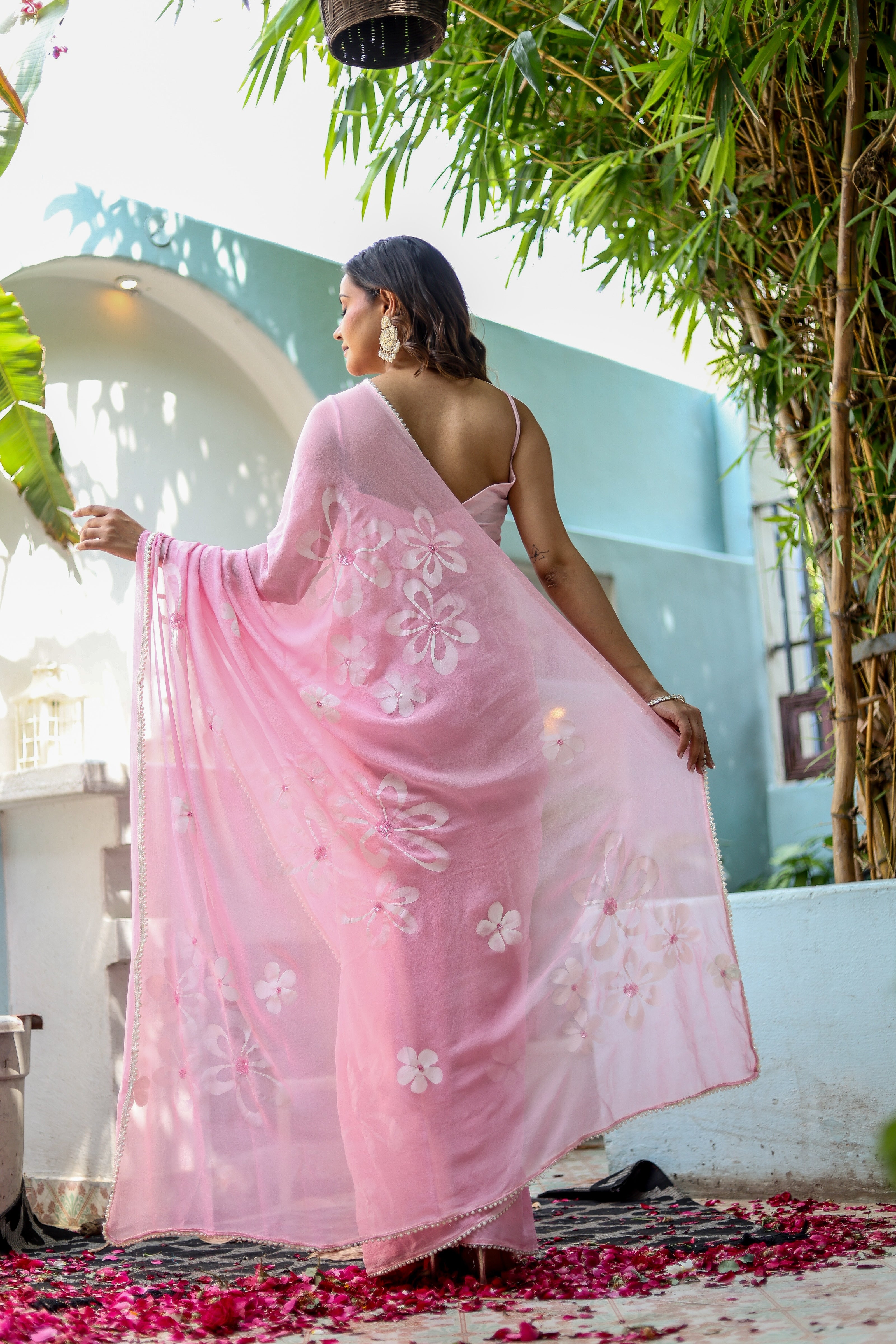 Bloomveil Blush (Handpainted Georgette Saree in Pink)
