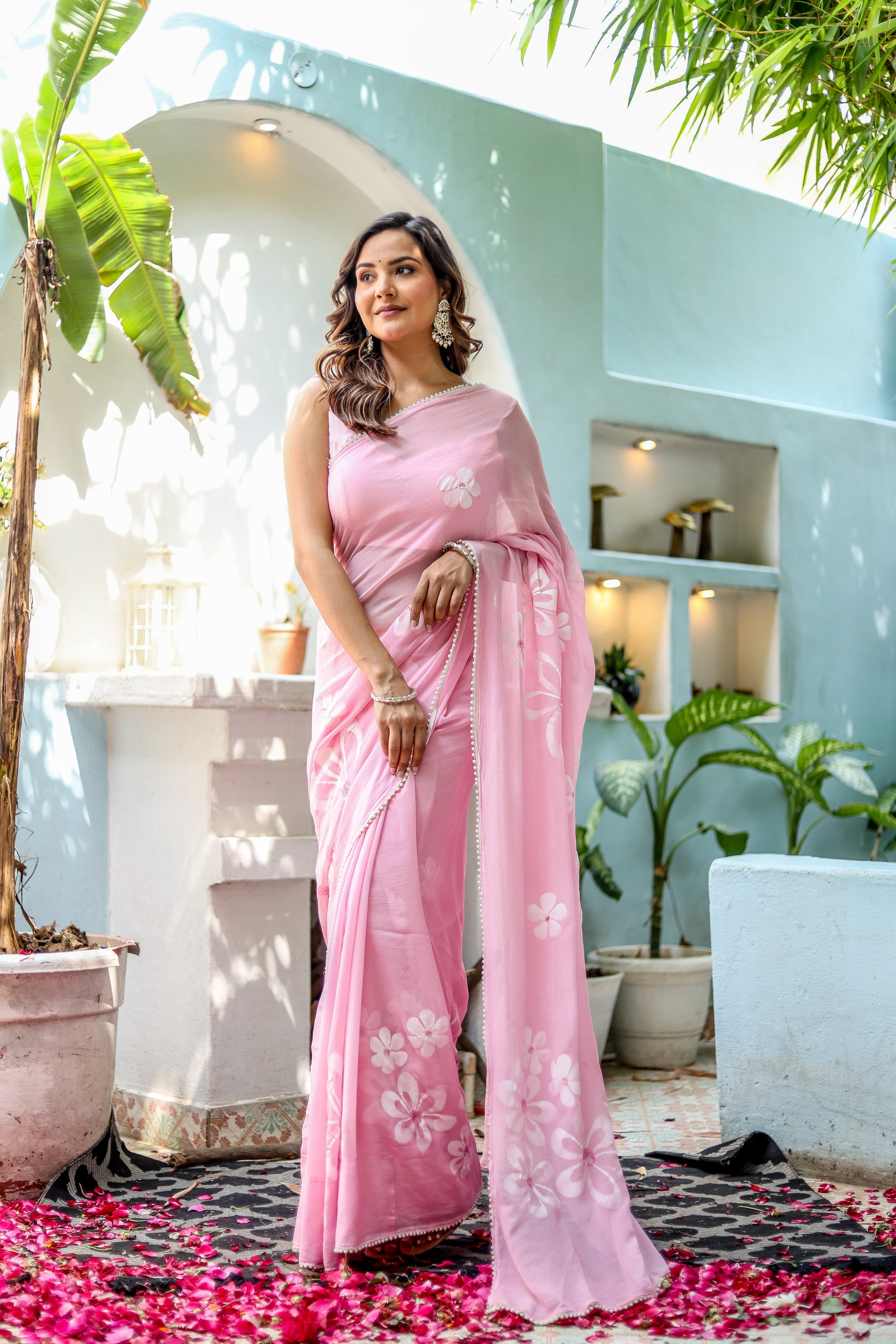 Bloomveil Blush (Handpainted Georgette Saree in Pink)