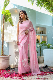 Bloomveil Blush (Handpainted Georgette Saree in Pink)