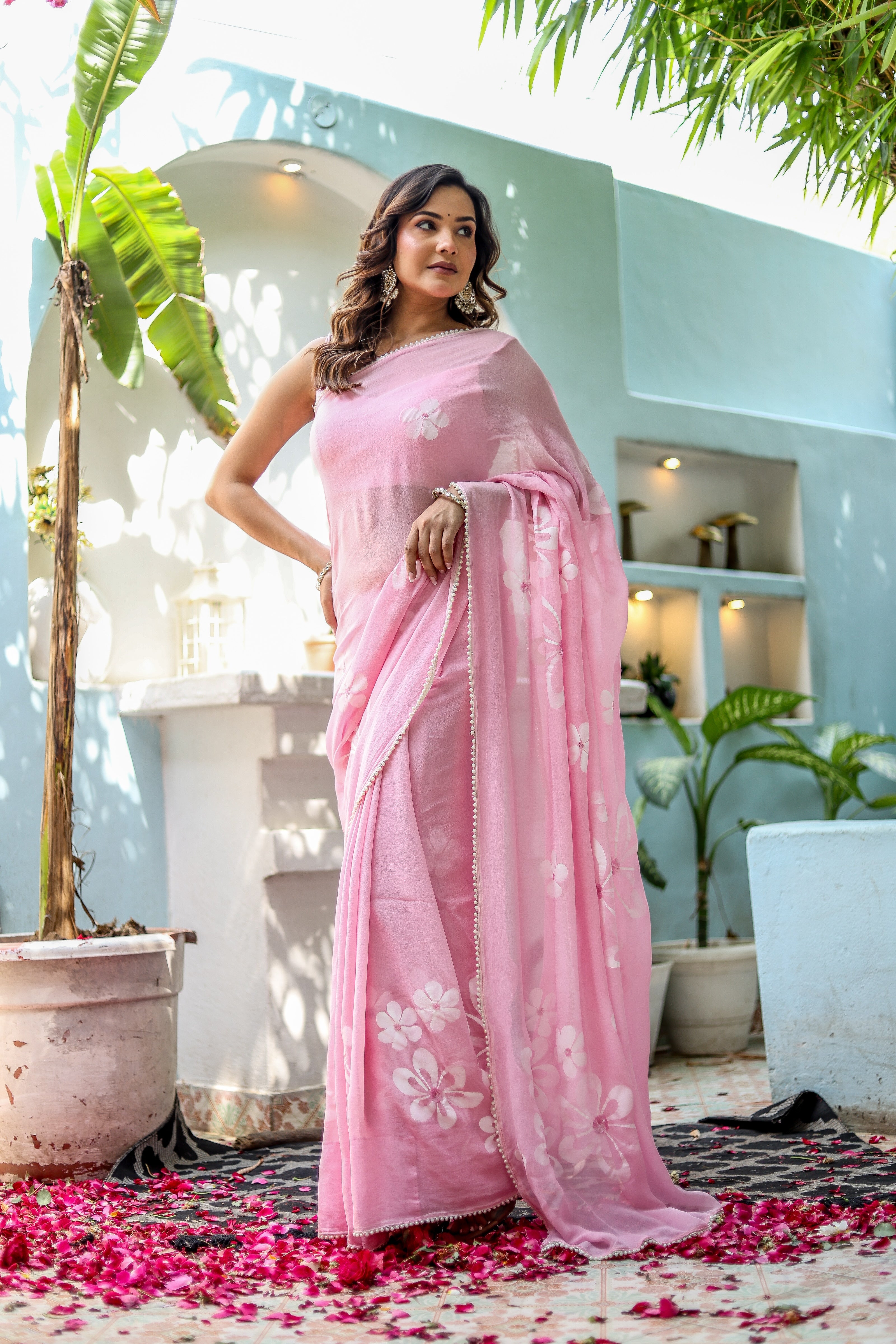 Bloomveil Blush (Handpainted Georgette Saree in Pink)