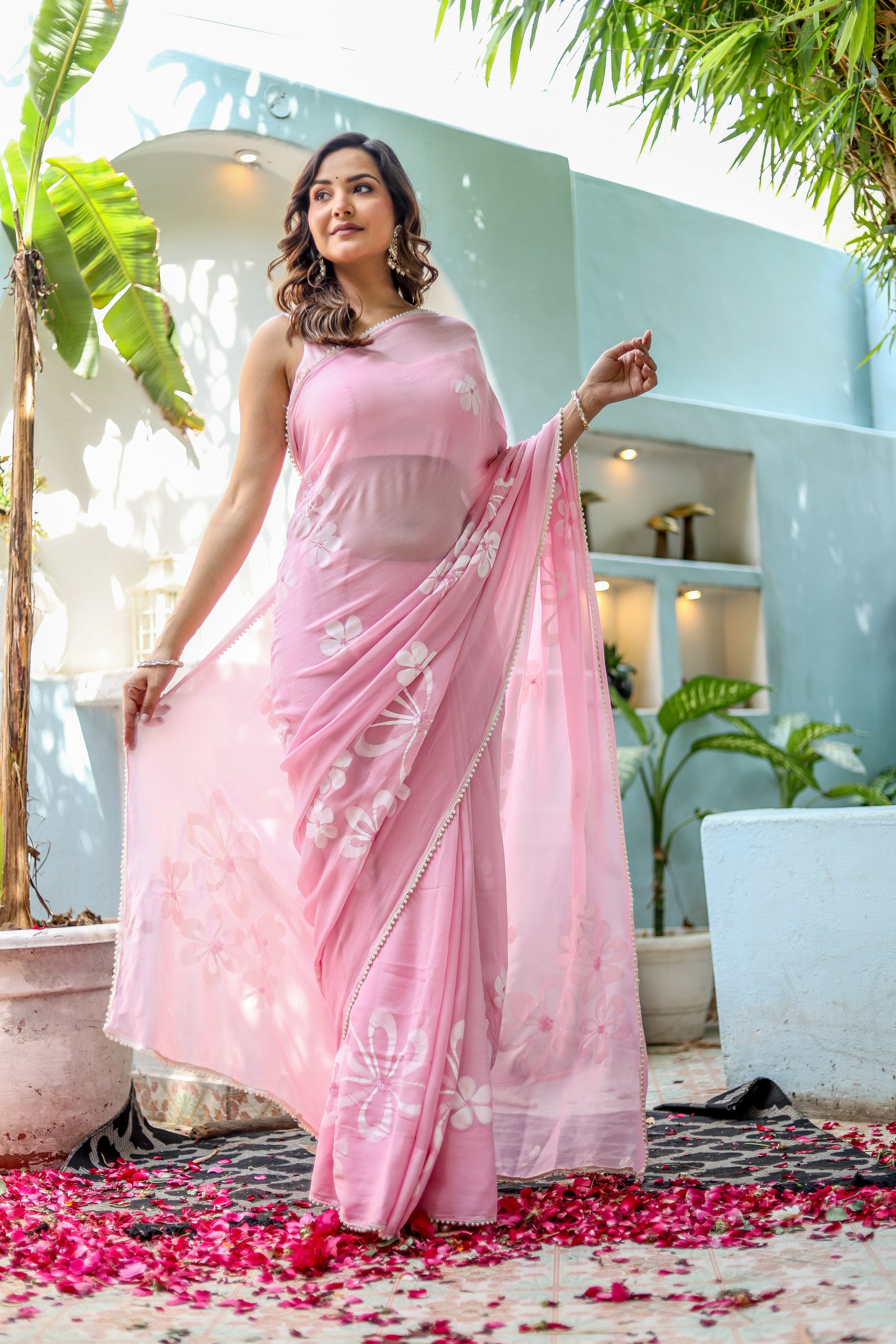 Bloomveil Blush (Handpainted Georgette Saree in Pink)