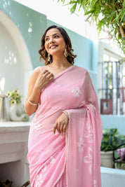 Bloomveil Blush (Handpainted Georgette Saree in Pink)