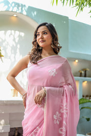 Bloomveil Blush (Handpainted Georgette Saree in Pink)