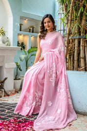 Bloomveil Blush (Handpainted Georgette Saree in Pink)